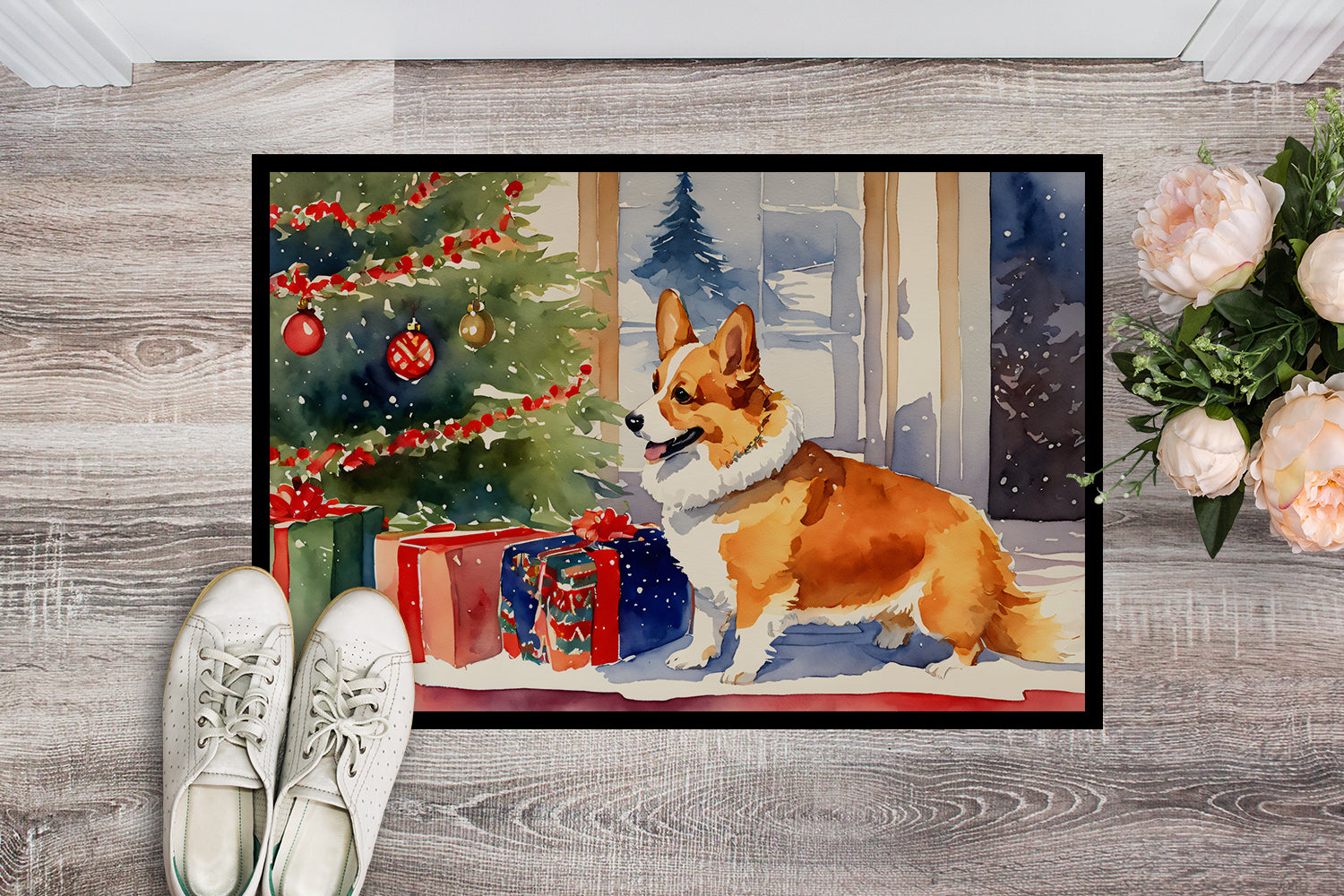 Corgi Cozy Christmas Doormat Indoor Outdoor 24H X 36W Front Door Mat Rugs for Entryway, Non Slip Washable Low Pile,