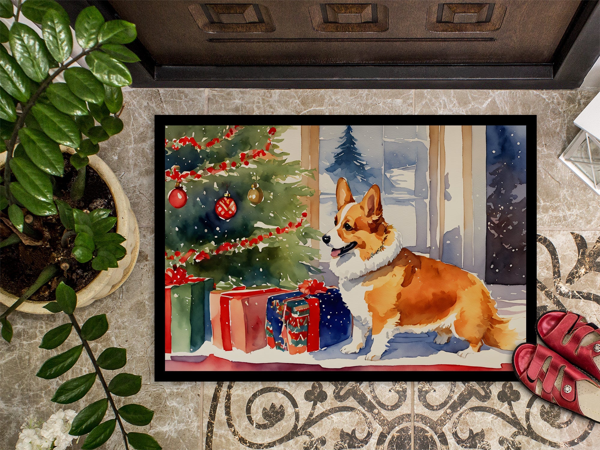 Corgi Cozy Christmas Doormat Indoor Outdoor 24H X 36W Front Door Mat Rugs for Entryway, Non Slip Washable Low Pile,