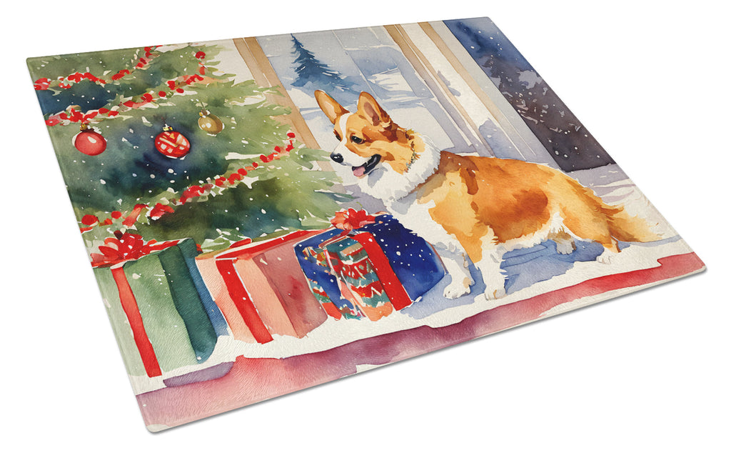 Corgi Cozy Christmas Cutting Board Tempered Glass Kitchen Cutting Surface, Heat Resistant Chopping, Non-Slip Feet, Food Prep & Serving