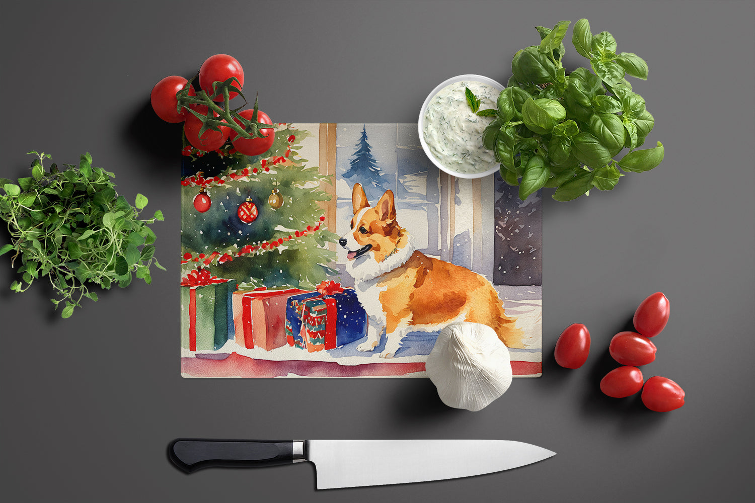 Corgi Cozy Christmas Cutting Board Tempered Glass Kitchen Cutting Surface, Heat Resistant Chopping, Non-Slip Feet, Food Prep & Serving