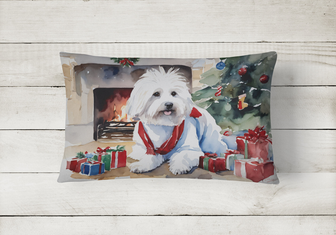 Coton De Tulear Cozy Christmas Decorative Throw Pillow 12x16 Indoor Outdoor Accent Cushion, Fabric Cover with Insert for Sofa, Bed, Porch & Living Room