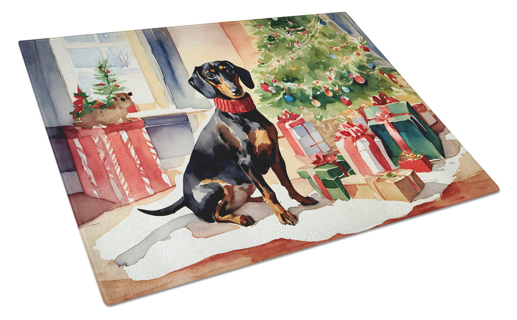 Dachshund Cozy Christmas Cutting Board Tempered Glass Kitchen Cutting Surface, Heat Resistant Chopping, Non-Slip Feet, Food Prep & Serving