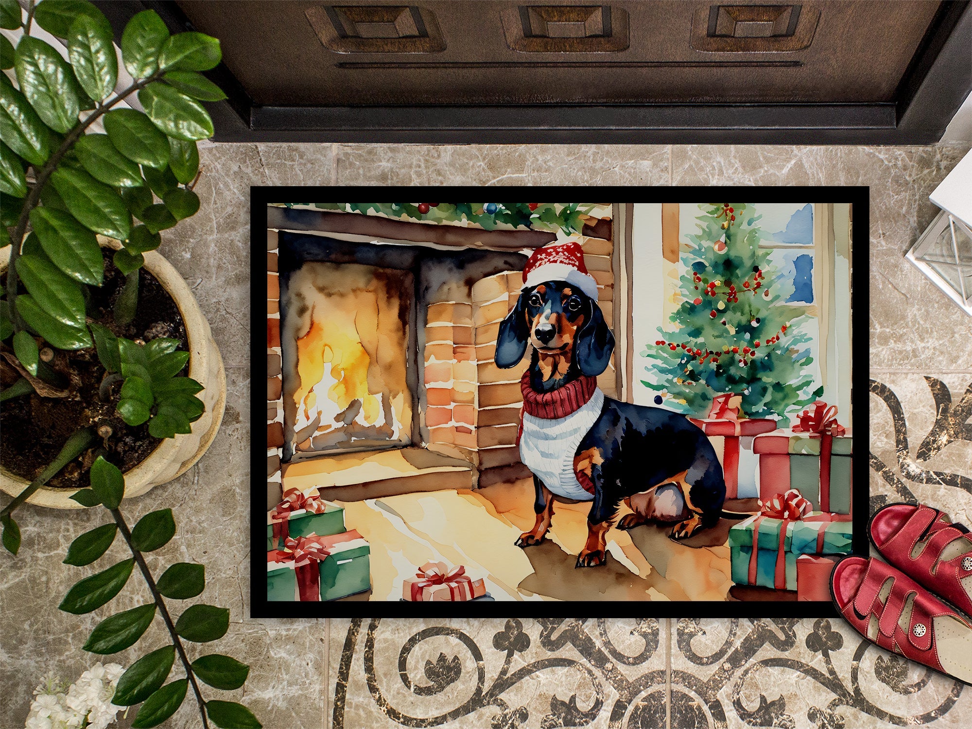 Dachshund Cozy Christmas Doormat Indoor Outdoor 24H X 36W Front Door Mat Rugs for Entryway, Non Slip Washable Low Pile,