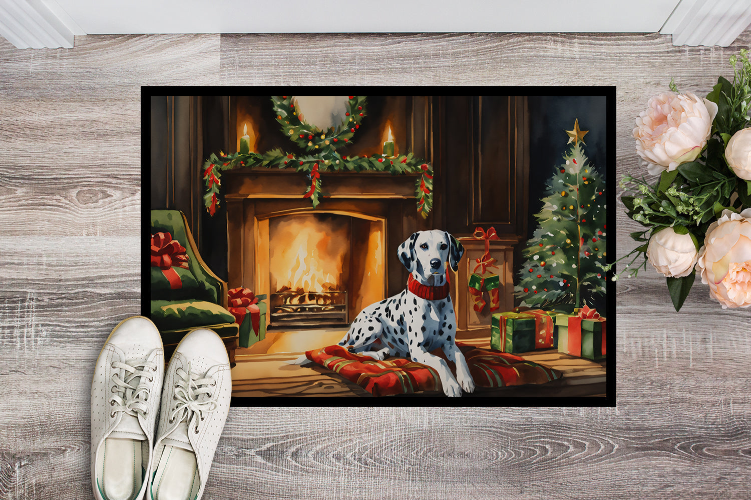 Dalmatian Cozy Christmas Doormat Indoor Outdoor 24H X 36W Front Door Mat Rugs for Entryway, Non Slip Washable Low Pile,
