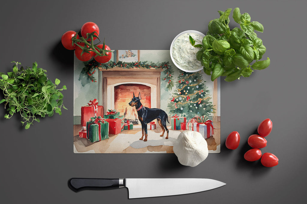 Doberman Pinscher Cozy Christmas Cutting Board Tempered Glass Kitchen Cutting Surface, Heat Resistant Chopping, Non-Slip Feet, Food Prep & Serving