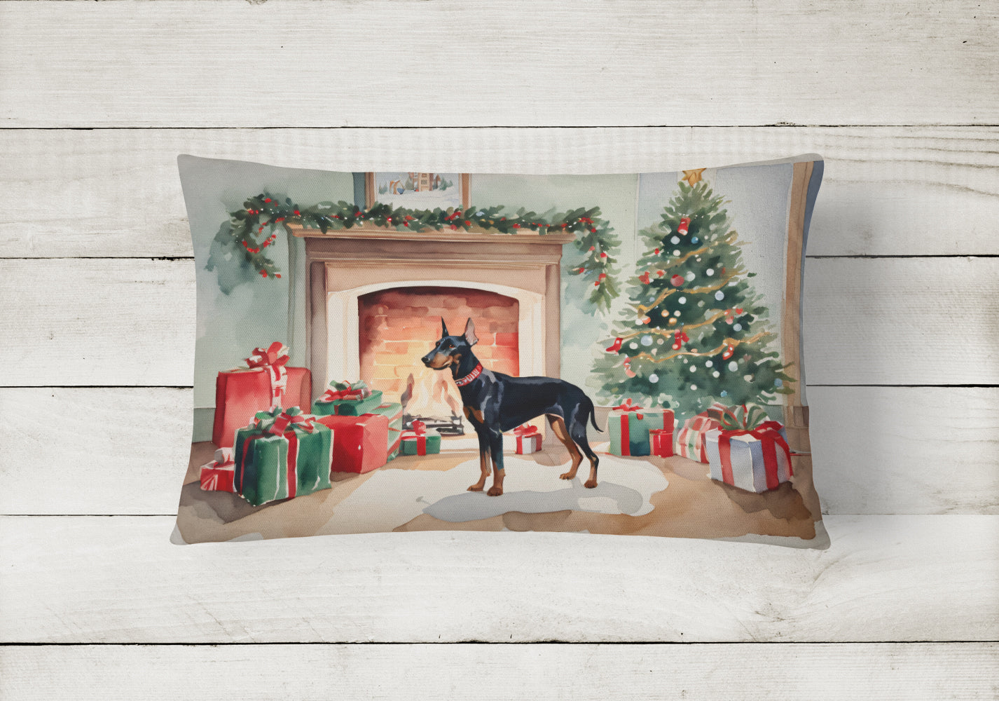 Doberman Pinscher Cozy Christmas Decorative Throw Pillow 12x16 Indoor Outdoor Accent Cushion, Fabric Cover with Insert for Sofa, Bed, Porch & Living Room