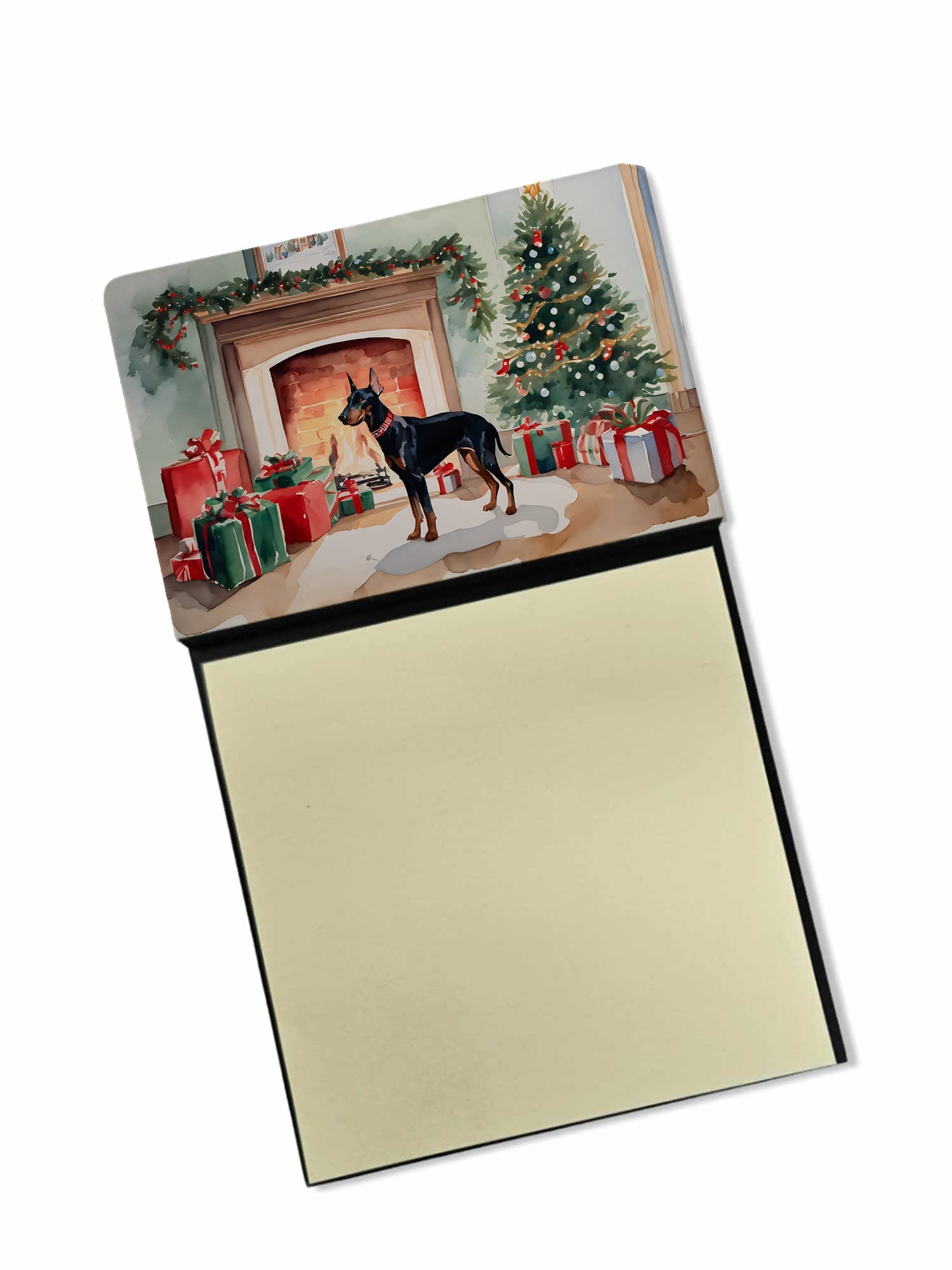 Doberman Pinscher Cozy Christmas Watercolor Sticky Note Holder Refillable Dispenser Desk Accessory 3x3 Pad Gift
