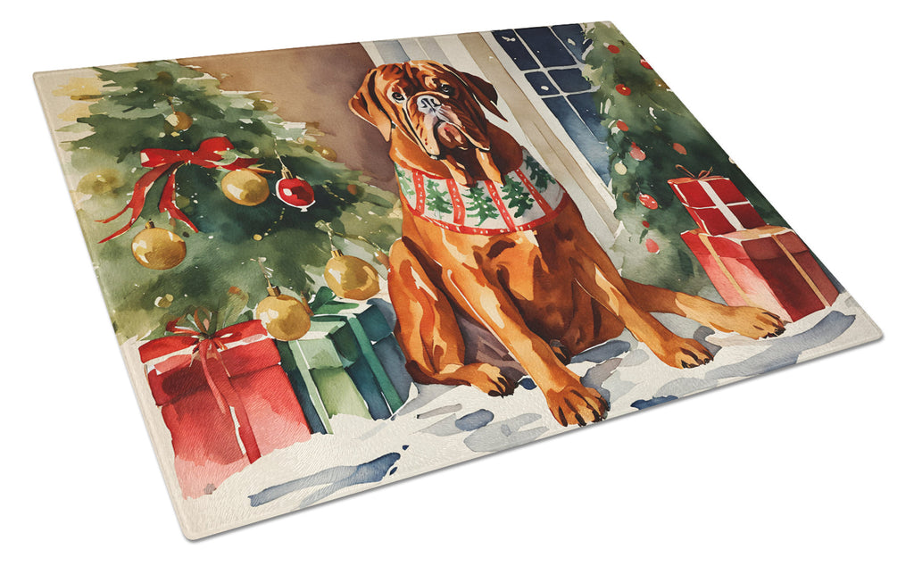 Dogue de Bordeaux Cozy Christmas Cutting Board Tempered Glass Kitchen Cutting Surface, Heat Resistant Chopping, Non-Slip Feet, Food Prep & Serving