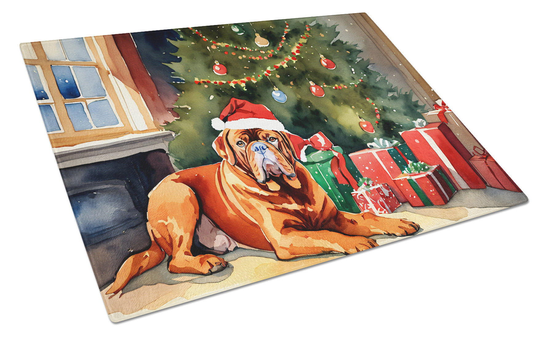 Dogue de Bordeaux Cozy Christmas Cutting Board Tempered Glass Kitchen Cutting Surface, Heat Resistant Chopping, Non-Slip Feet, Food Prep & Serving