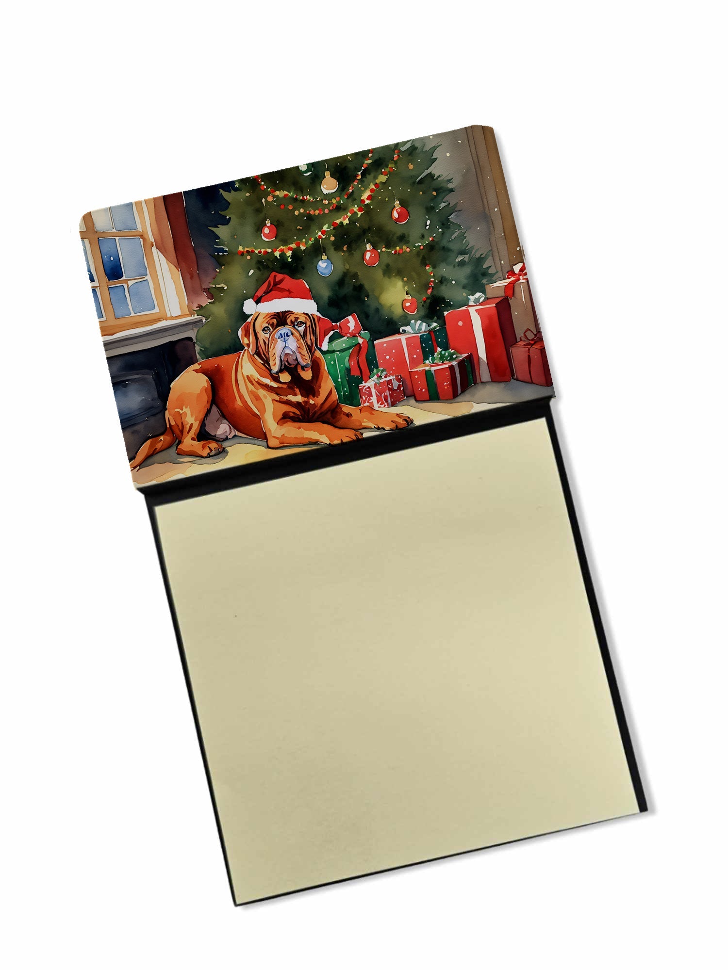 Dogue de Bordeaux Cozy Christmas Watercolor Sticky Note Holder Refillable Dispenser Desk Accessory 3x3 Pad Gift