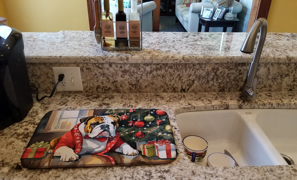 English Bulldog Cozy Christmas Dish Drying Mat Absorbent Dish Drying Mat Pad for Kitchen Counter Dish Drainer Mat for Countertop, 14 x 21", Multicolor