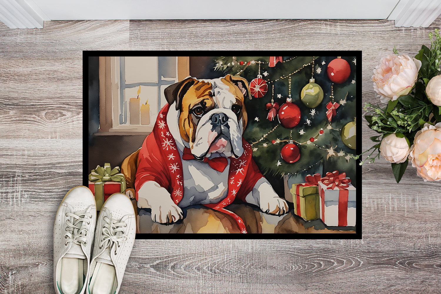 English Bulldog Cozy Christmas Doormat Indoor Outdoor 24H X 36W Front Door Mat Rugs for Entryway, Non Slip Washable Low Pile,