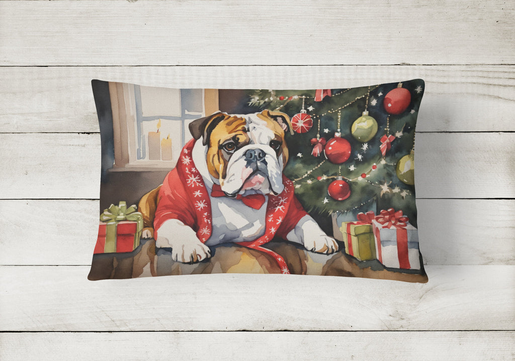 English Bulldog Cozy Christmas Decorative Throw Pillow 12x16 Indoor Outdoor Accent Cushion, Fabric Cover with Insert for Sofa, Bed, Porch & Living Room