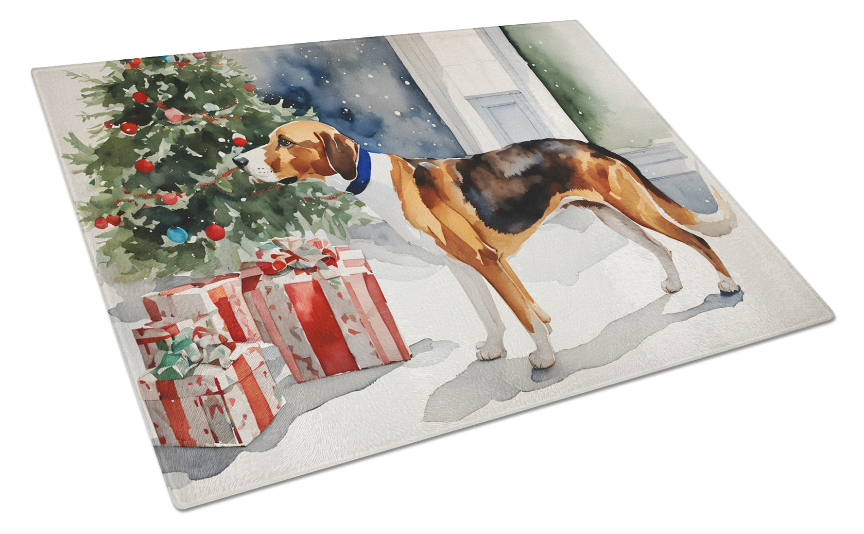 English Foxhound Cozy Christmas Cutting Board Tempered Glass Kitchen Cutting Surface, Heat Resistant Chopping, Non-Slip Feet, Food Prep & Serving