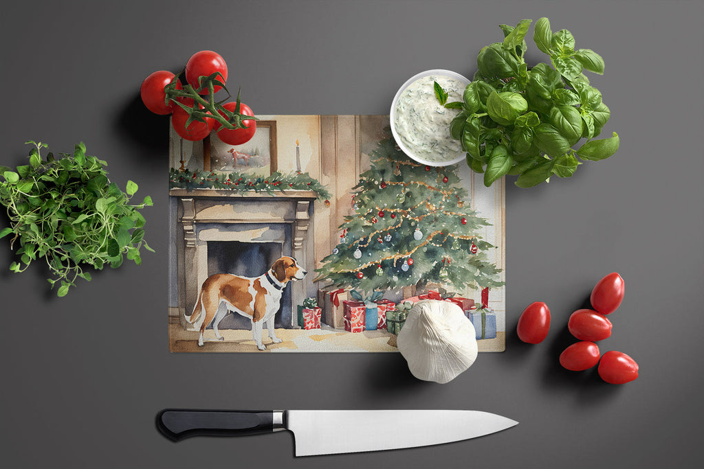 English Foxhound Cozy Christmas Cutting Board Tempered Glass Kitchen Cutting Surface, Heat Resistant Chopping, Non-Slip Feet, Food Prep & Serving