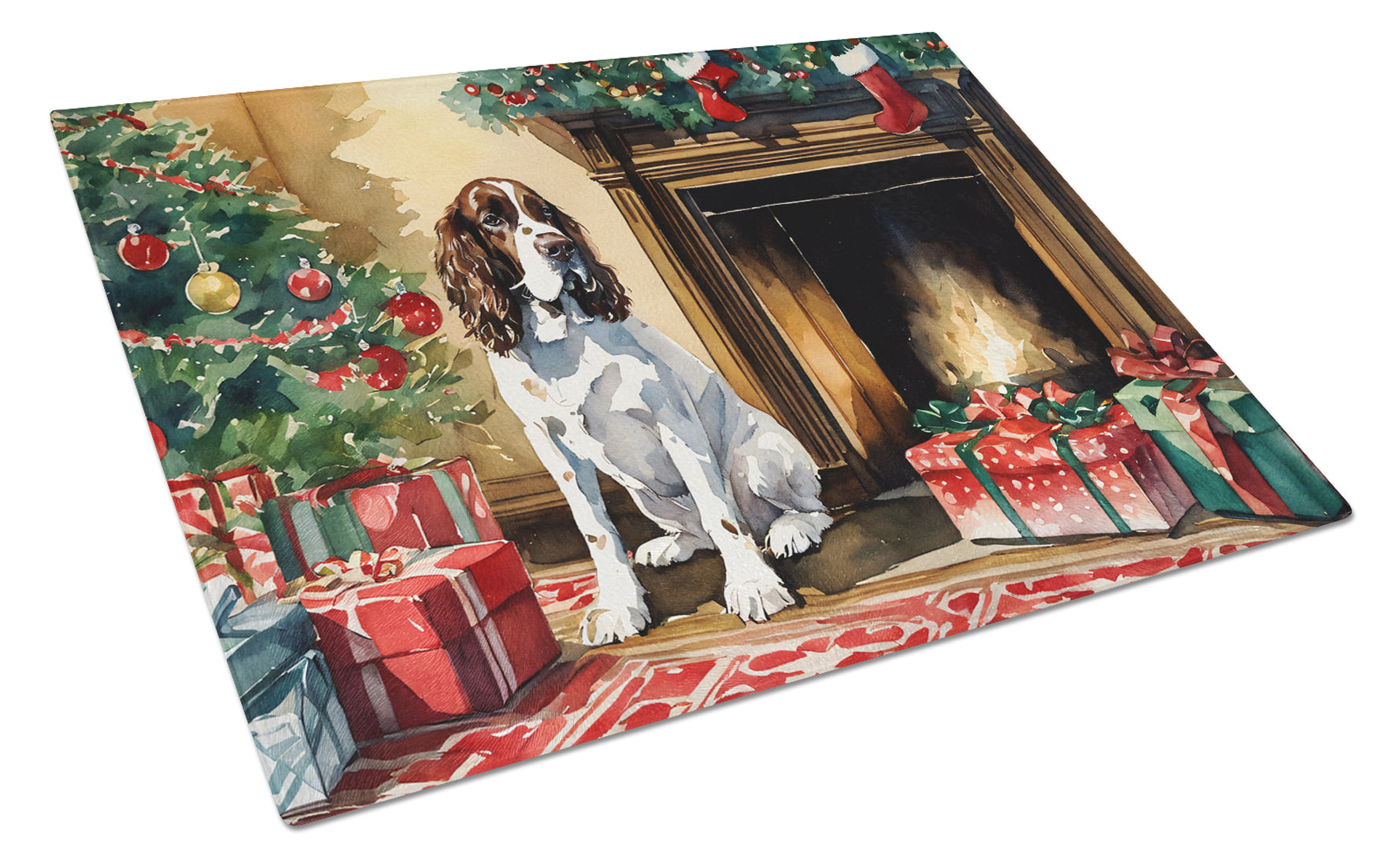 English Springer Spaniel Cozy Christmas Cutting Board Tempered Glass Kitchen Cutting Surface, Heat Resistant Chopping, Non-Slip Feet, Food Prep & Serving