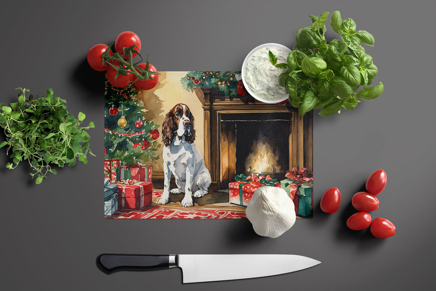 English Springer Spaniel Cozy Christmas Cutting Board Tempered Glass Kitchen Cutting Surface, Heat Resistant Chopping, Non-Slip Feet, Food Prep & Serving