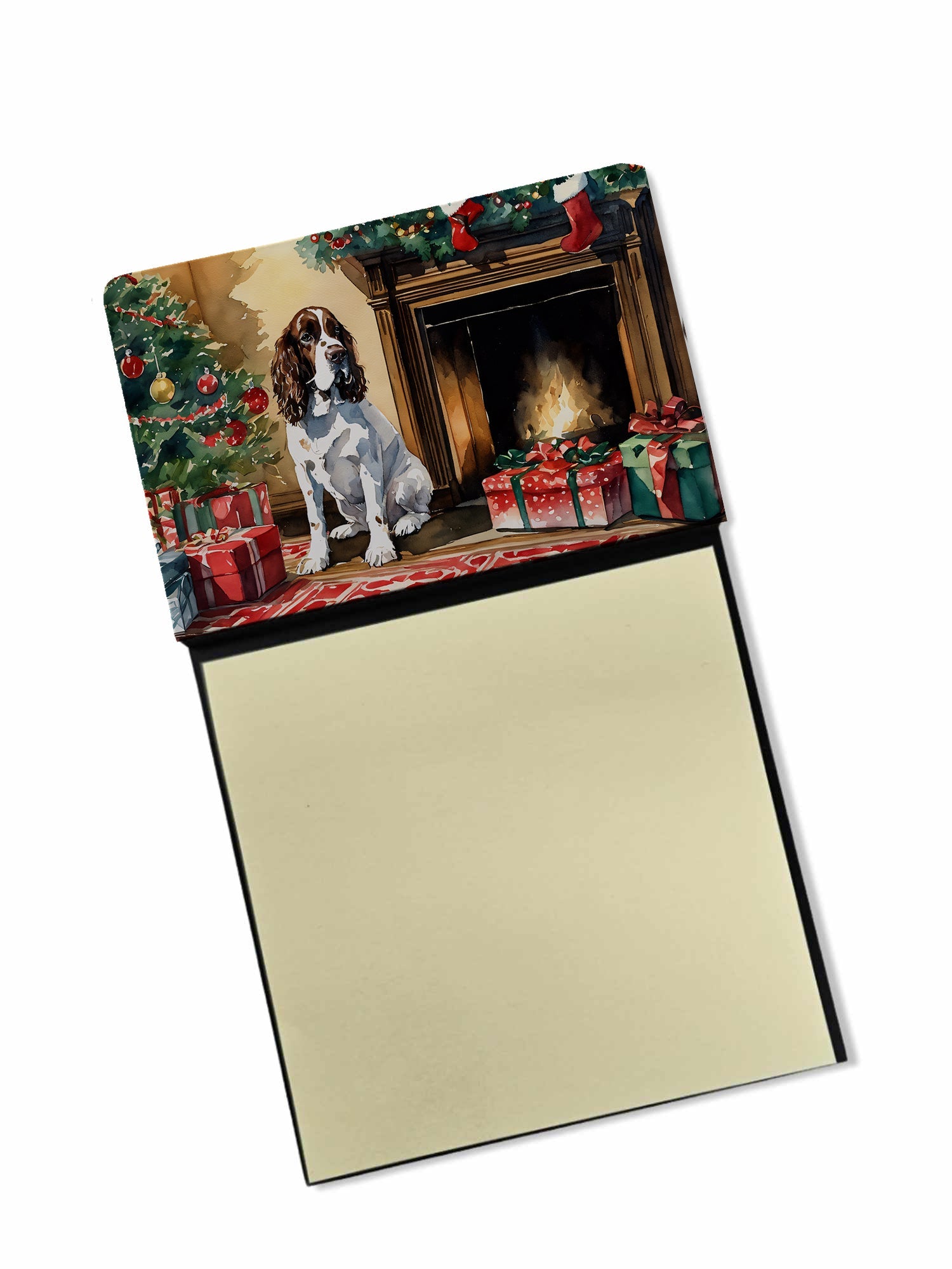 English Springer Spaniel Cozy Christmas Watercolor Sticky Note Holder Refillable Dispenser Desk Accessory 3x3 Pad Gift