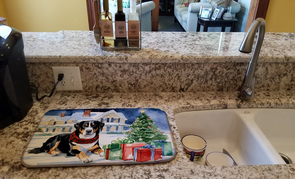 Entlebucher Mountain Dog Cozy Christmas Dish Drying Mat Absorbent Dish Drying Mat Pad for Kitchen Counter Dish Drainer Mat for Countertop, 14 x 21", Multicolor