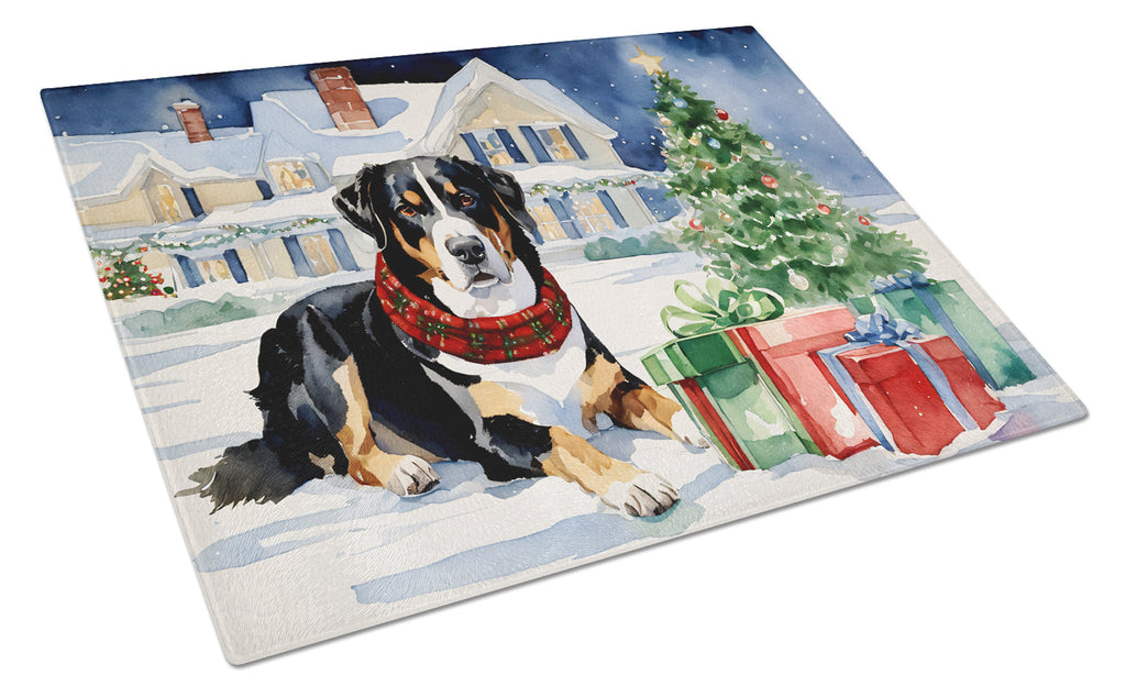 Entlebucher Mountain Dog Cozy Christmas Cutting Board Tempered Glass Kitchen Cutting Surface, Heat Resistant Chopping, Non-Slip Feet, Food Prep & Serving