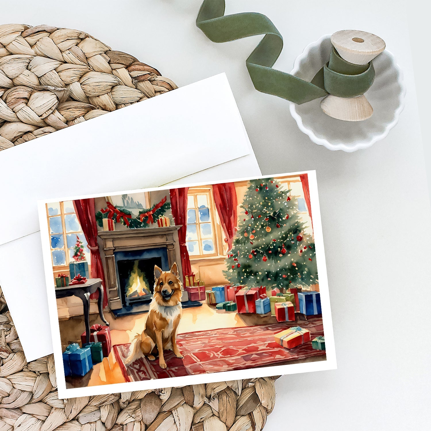 Finnish Spitz Cozy Christmas Greeting Cards Pack of 8 Blank Cards with Envelopes Whimsical A7 Size 5x7