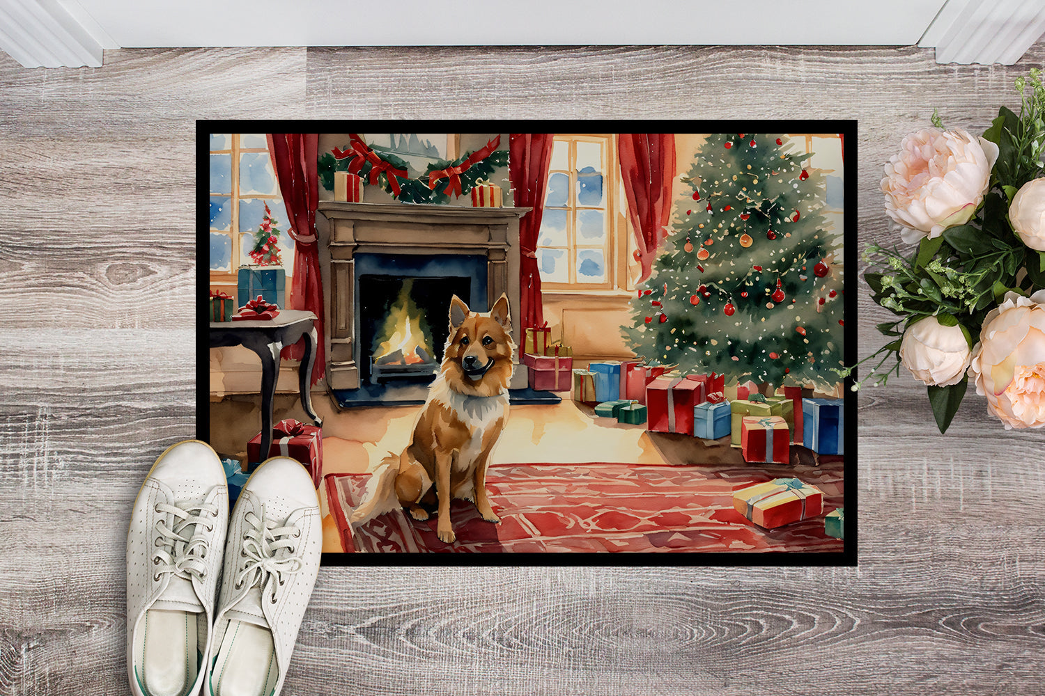 Finnish Spitz Cozy Christmas Doormat Indoor Outdoor 24H X 36W Front Door Mat Rugs for Entryway, Non Slip Washable Low Pile,