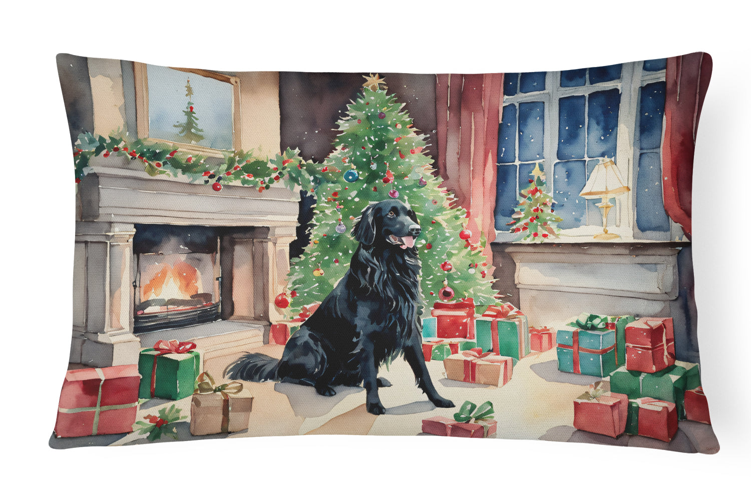 Flat-Coated Retriever Cozy Christmas Decorative Throw Pillow 12x16 Indoor Outdoor Accent Cushion, Fabric Cover with Insert for Sofa, Bed, Porch & Living Room