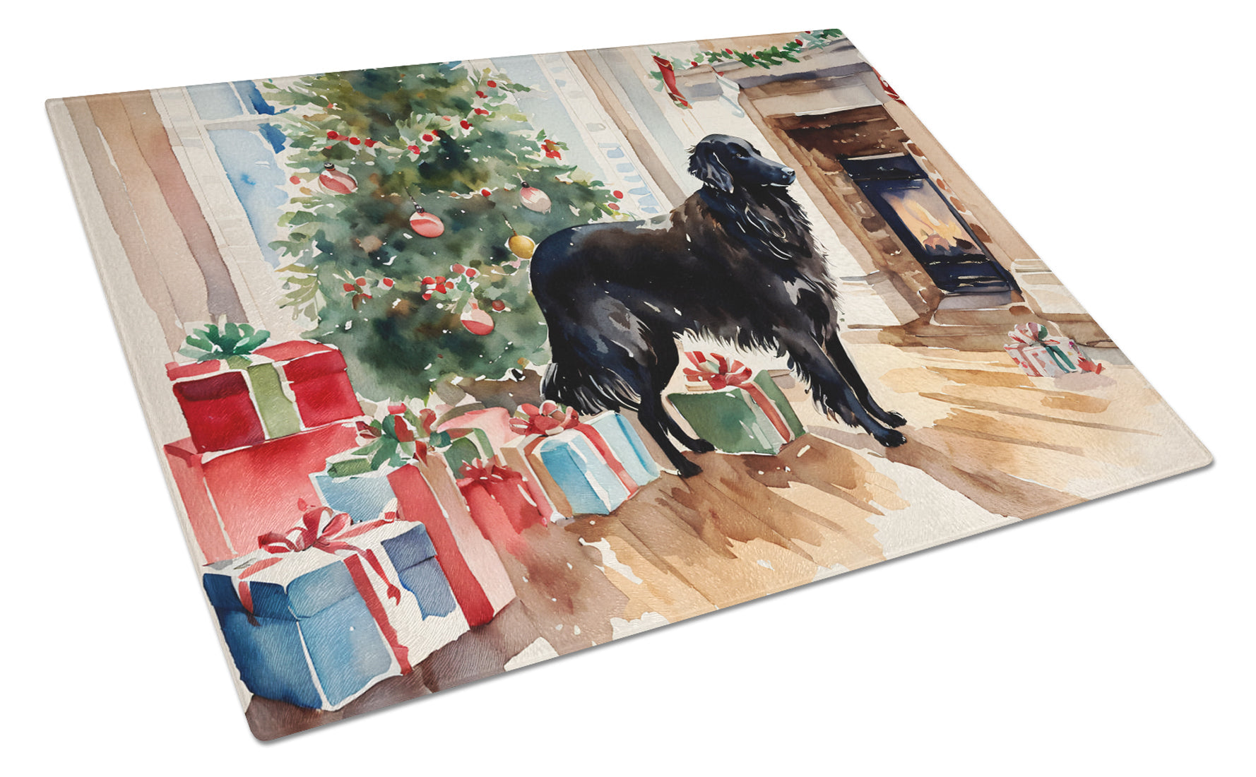 Flat-Coated Retriever Cozy Christmas Cutting Board Tempered Glass Kitchen Cutting Surface, Heat Resistant Chopping, Non-Slip Feet, Food Prep & Serving
