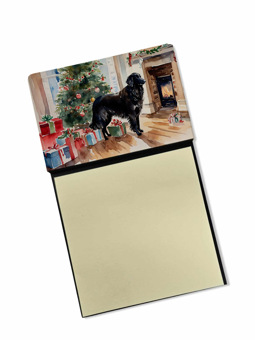 Flat-Coated Retriever Cozy Christmas Watercolor Sticky Note Holder Refillable Dispenser Desk Accessory 3x3 Pad Gift