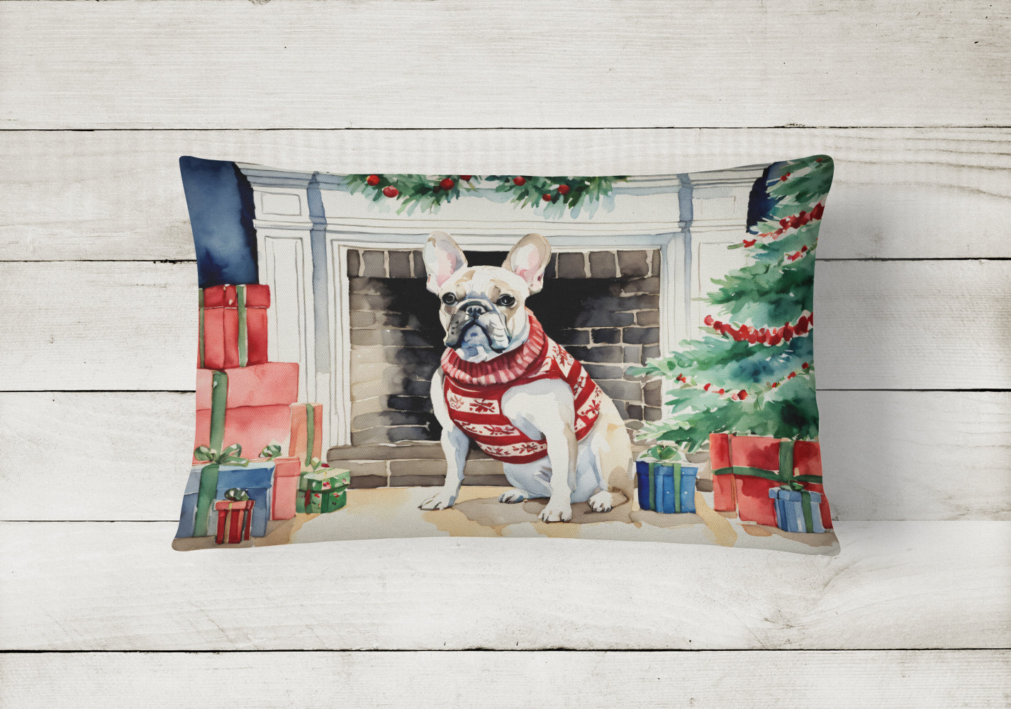 French Bulldog Cozy Christmas Decorative Throw Pillow 12x16 Indoor Outdoor Accent Cushion, Fabric Cover with Insert for Sofa, Bed, Porch & Living Room