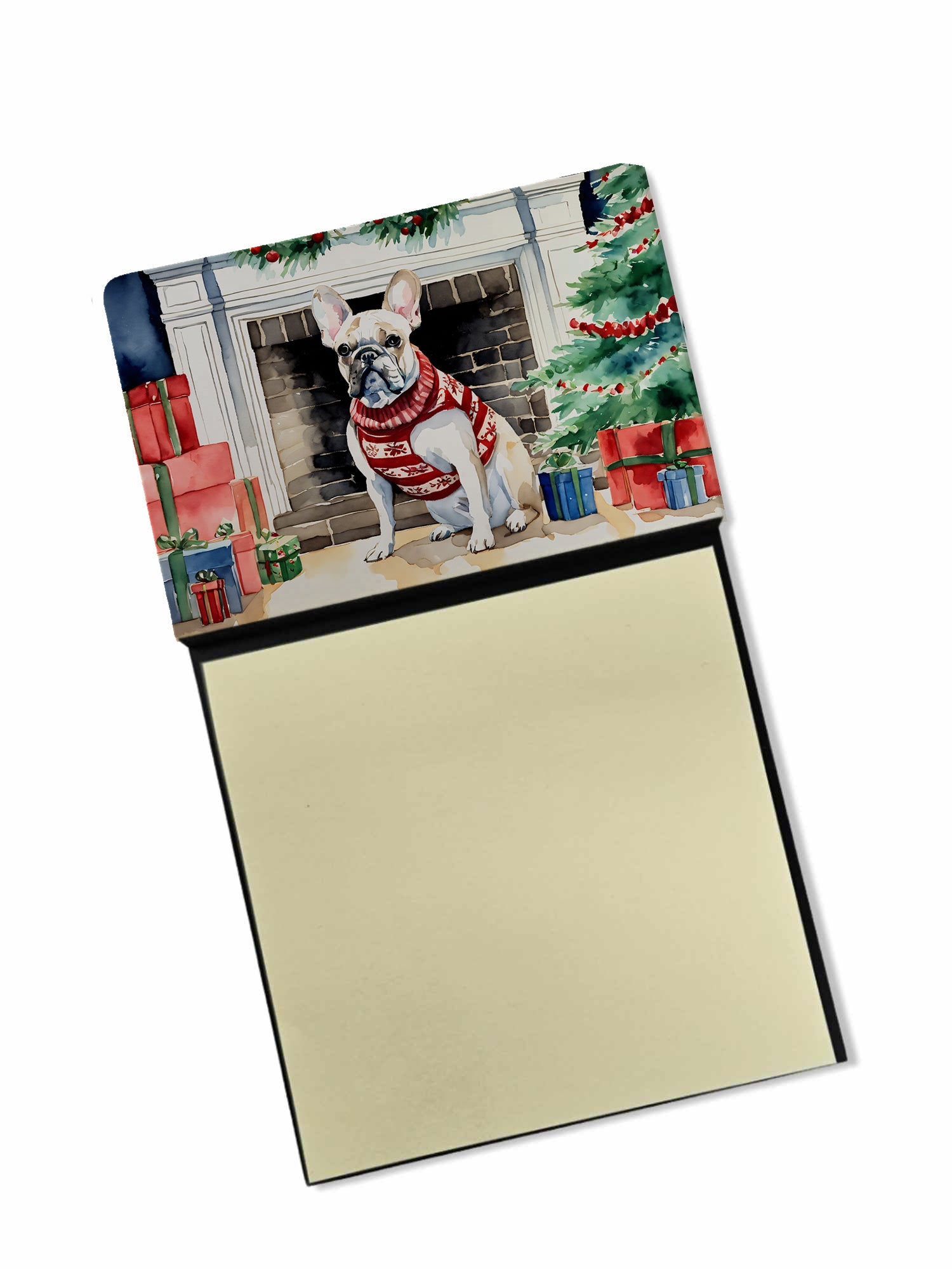 French Bulldog Cozy Christmas Watercolor Sticky Note Holder Refillable Dispenser Desk Accessory 3x3 Pad Gift