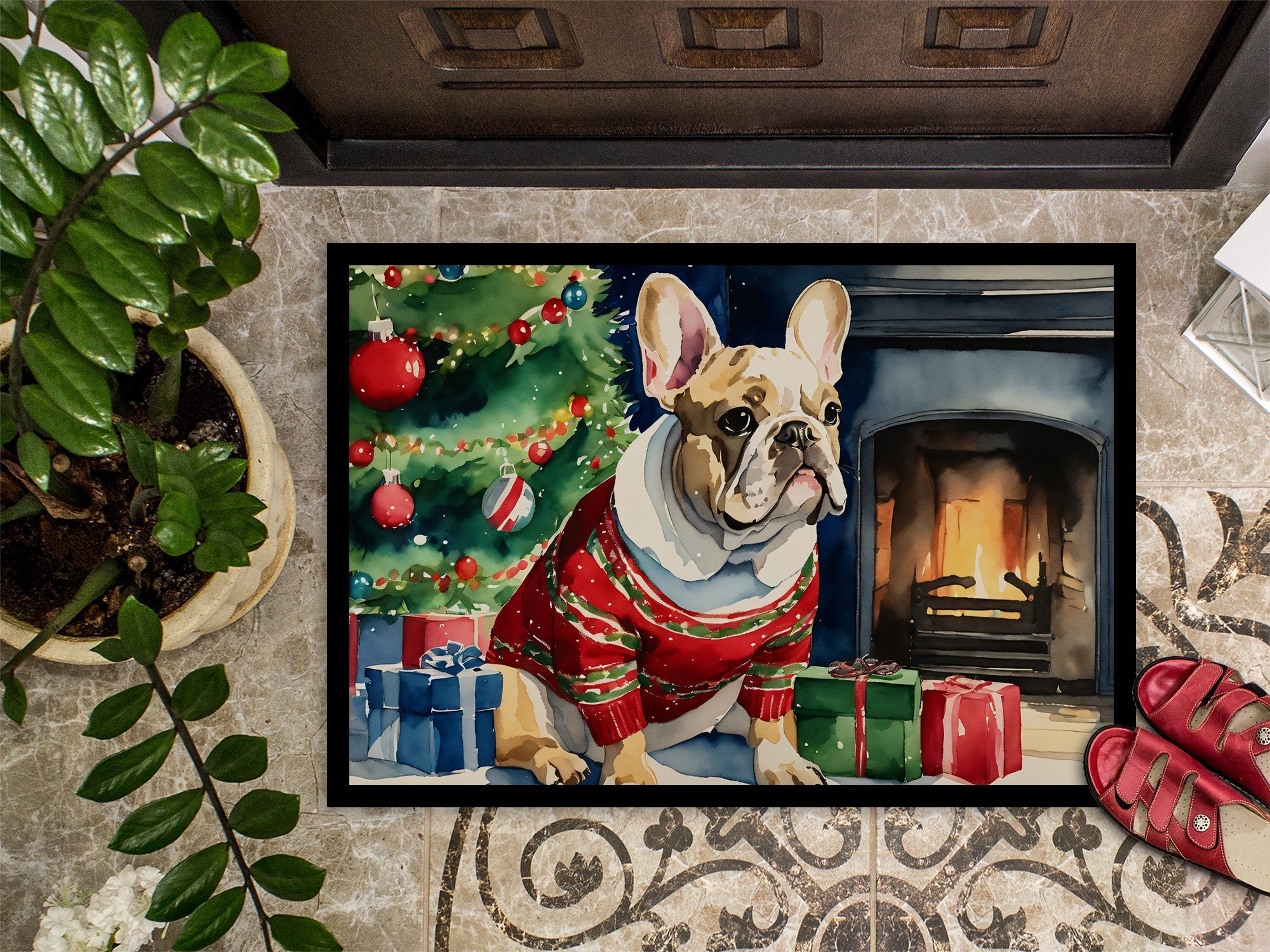 French Bulldog Cozy Christmas Doormat Indoor Outdoor 24H X 36W Front Door Mat Rugs for Entryway, Non Slip Washable Low Pile,