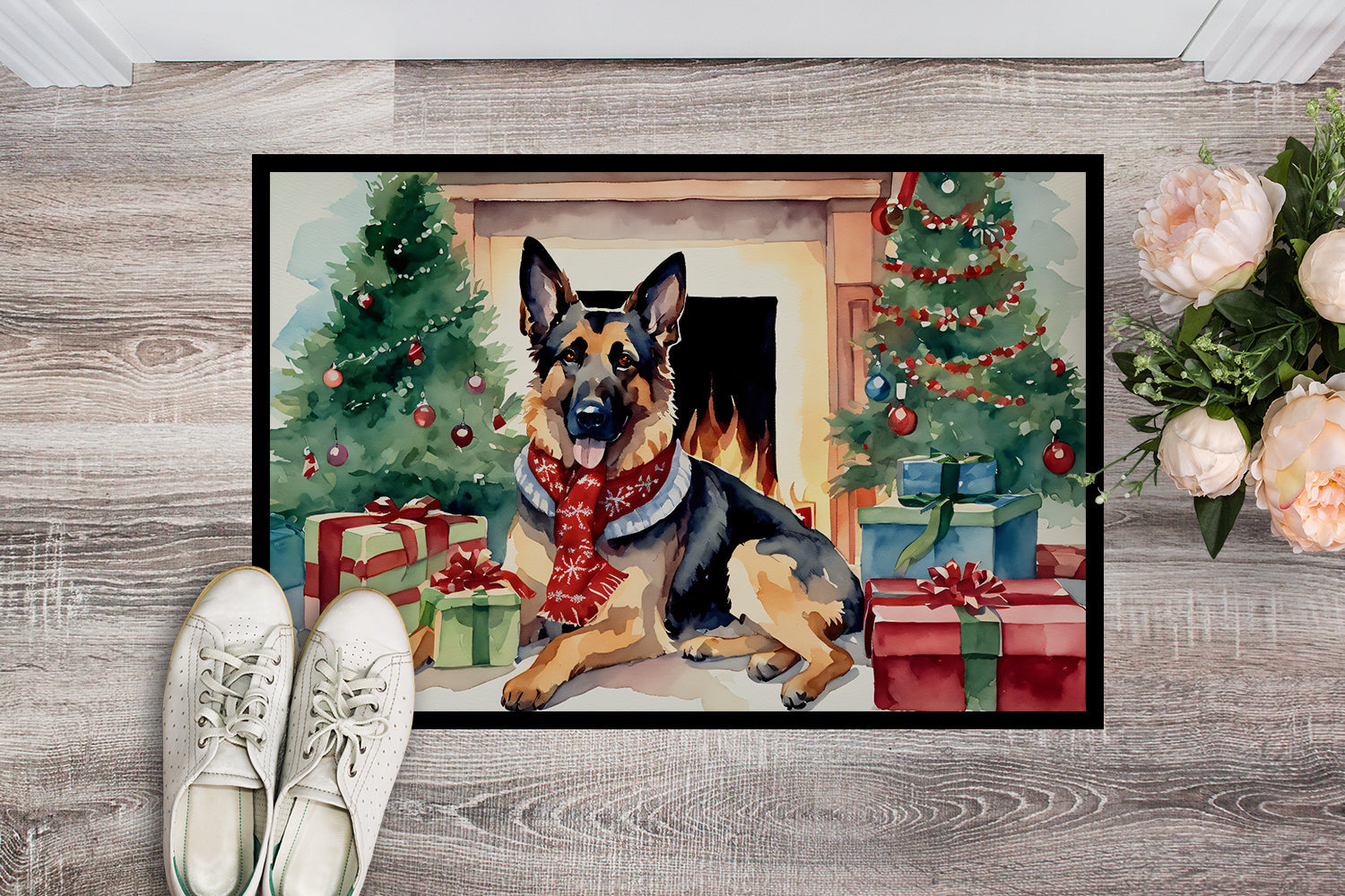 German Shepherd Cozy Christmas Doormat Indoor Outdoor 24H X 36W Front Door Mat Rugs for Entryway, Non Slip Washable Low Pile,