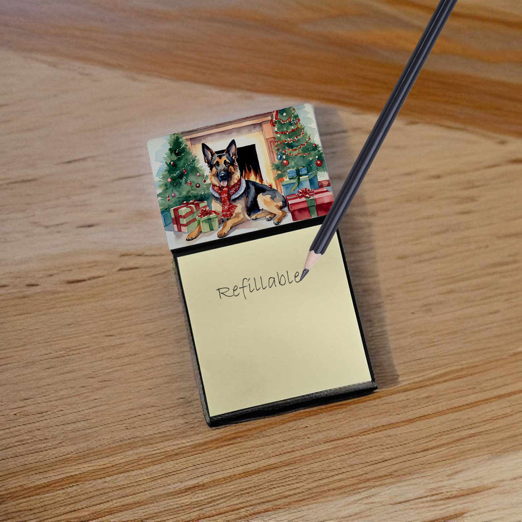 German Shepherd Cozy Christmas Watercolor Sticky Note Holder Refillable Dispenser Desk Accessory 3x3 Pad Gift