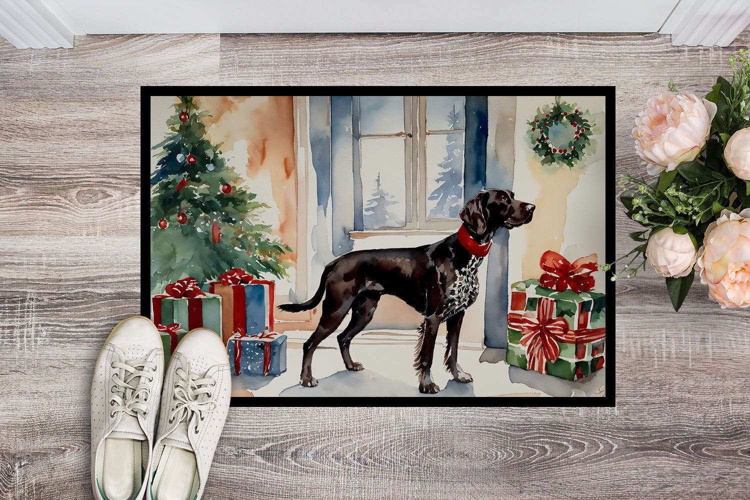 German Shorthaired Pointer Cozy Christmas Doormat Indoor Outdoor 24H X 36W Front Door Mat Rugs for Entryway, Non Slip Washable Low Pile,