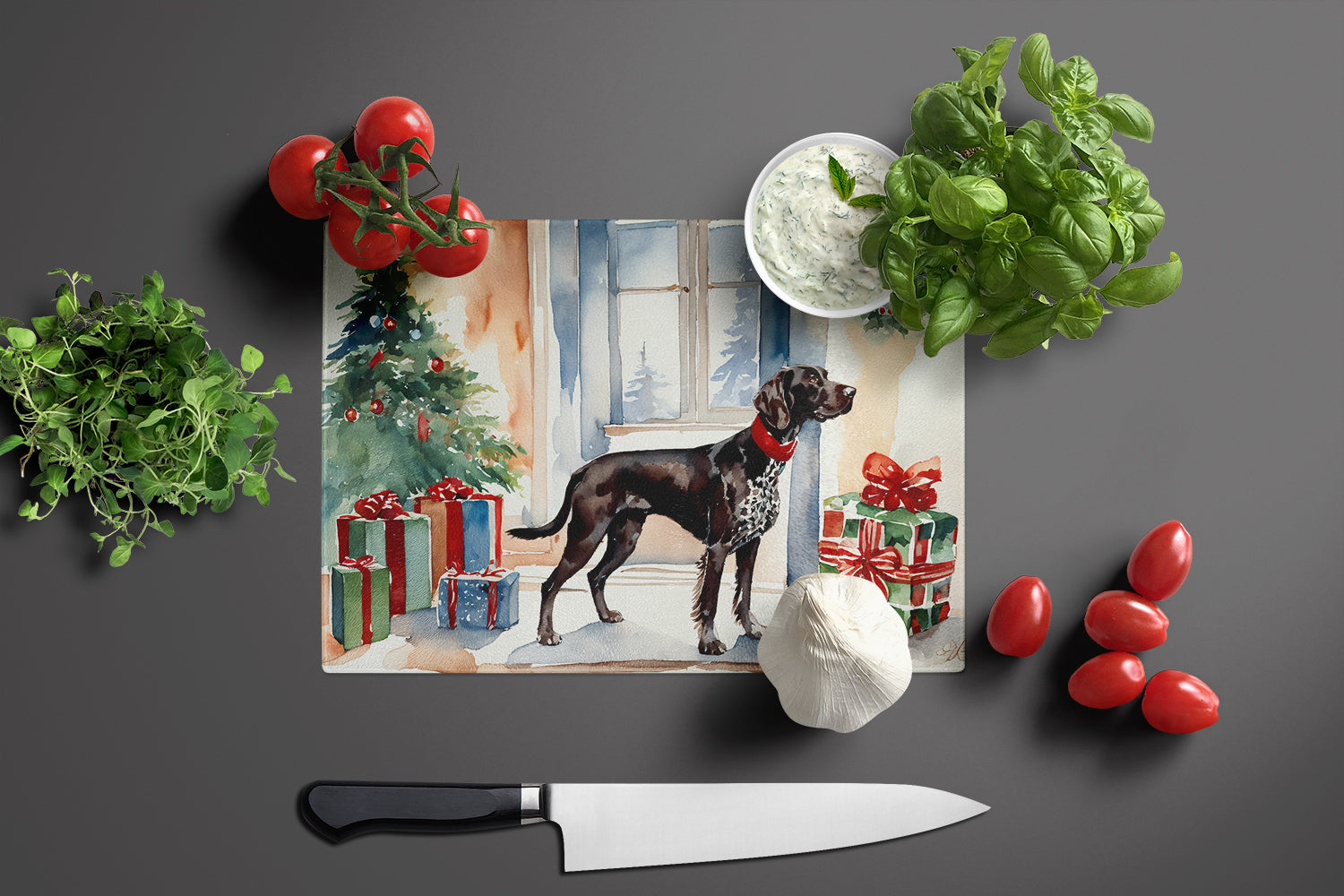 German Shorthaired Pointer Cozy Christmas Cutting Board Tempered Glass Kitchen Cutting Surface, Heat Resistant Chopping, Non-Slip Feet, Food Prep & Serving