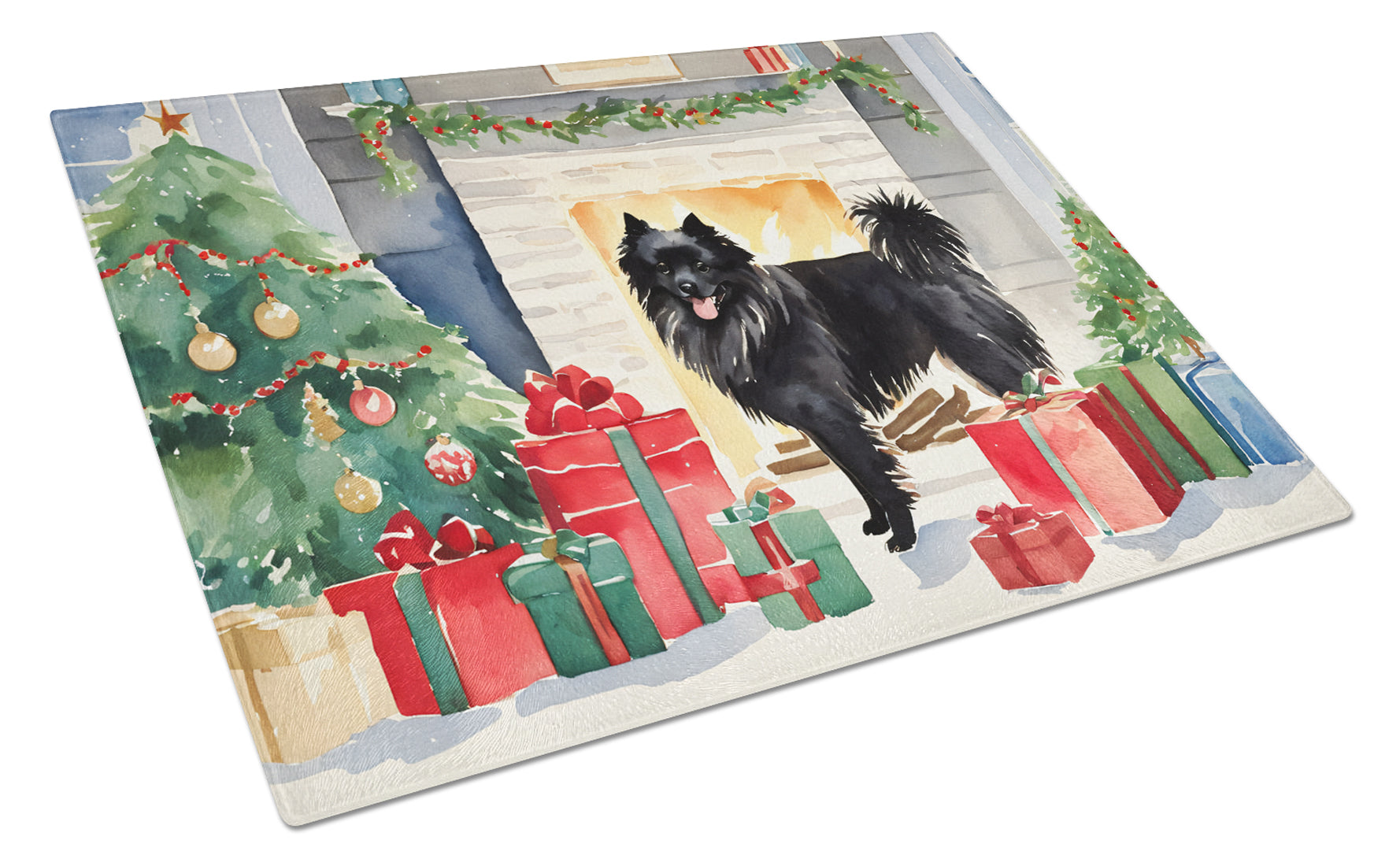 German Spitz Cozy Christmas Cutting Board Tempered Glass Kitchen Cutting Surface, Heat Resistant Chopping, Non-Slip Feet, Food Prep & Serving