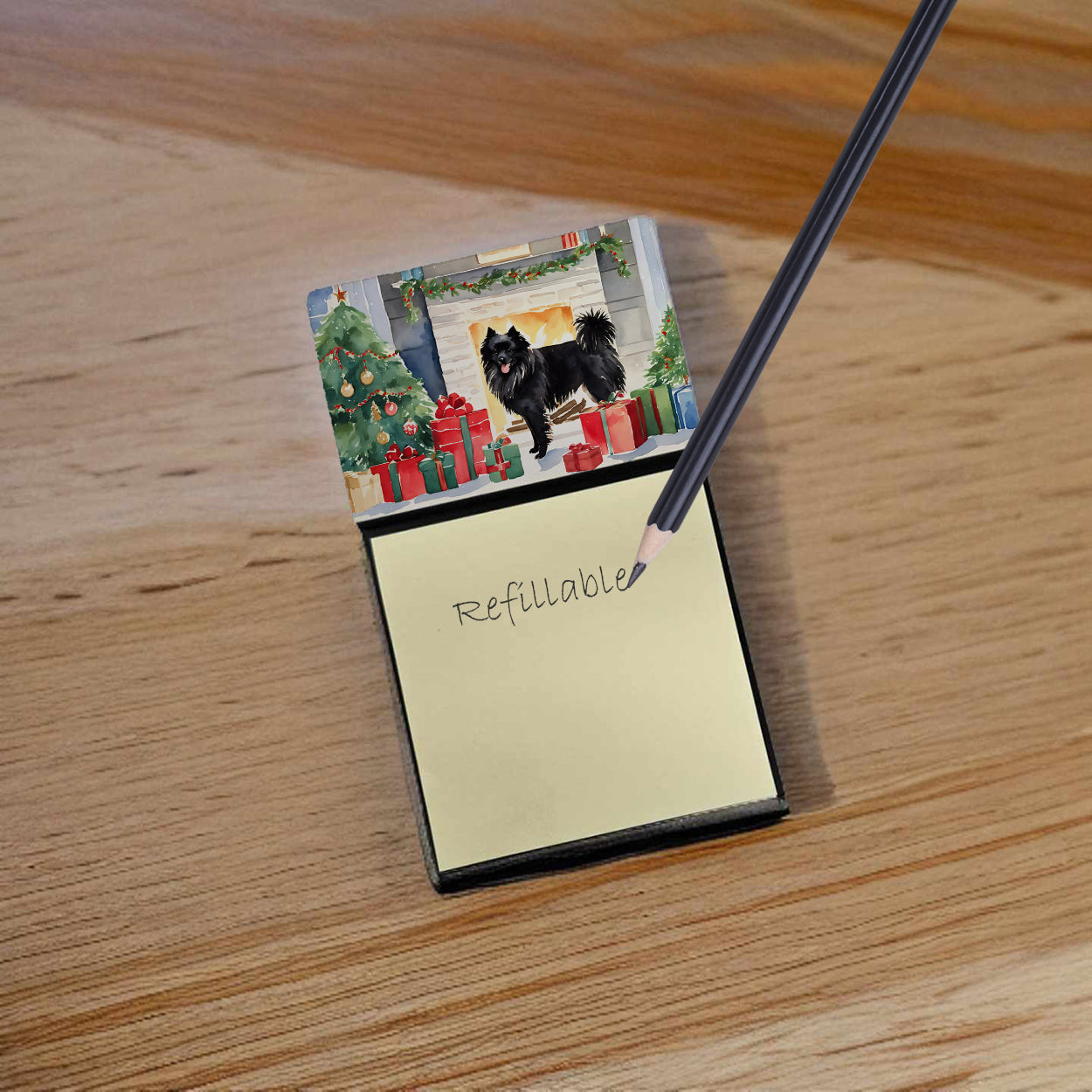 German Spitz Cozy Christmas Watercolor Sticky Note Holder Refillable Dispenser Desk Accessory 3x3 Pad Gift