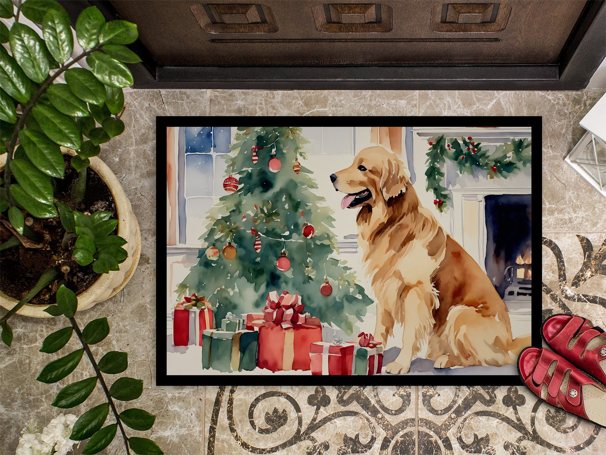 Golden Retriever Cozy Christmas Doormat Indoor Outdoor 18H X 27W Front Door Mat Rugs for Entryway, Non Slip Washable