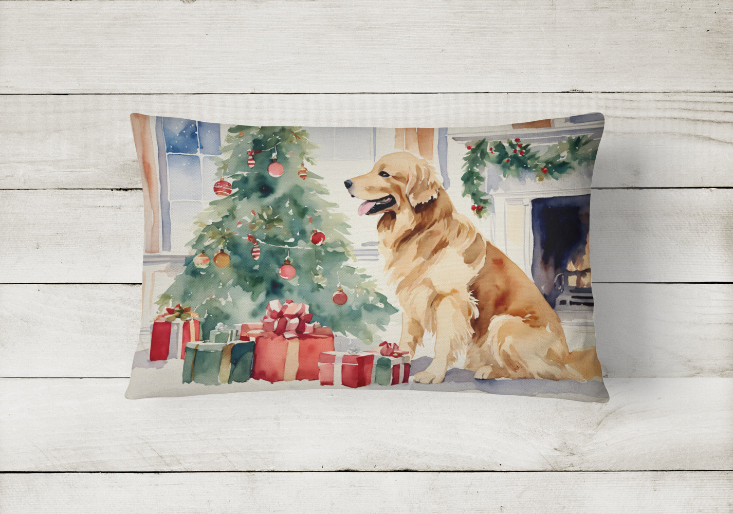Golden Retriever Cozy Christmas Decorative Throw Pillow 12x16 Indoor Outdoor Accent Cushion, Fabric Cover with Insert for Sofa, Bed, Porch & Living Room