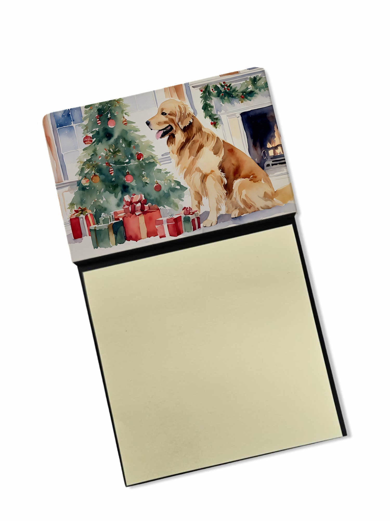 Golden Retriever Cozy Christmas Watercolor Sticky Note Holder Refillable Dispenser Desk Accessory 3x3 Pad Gift
