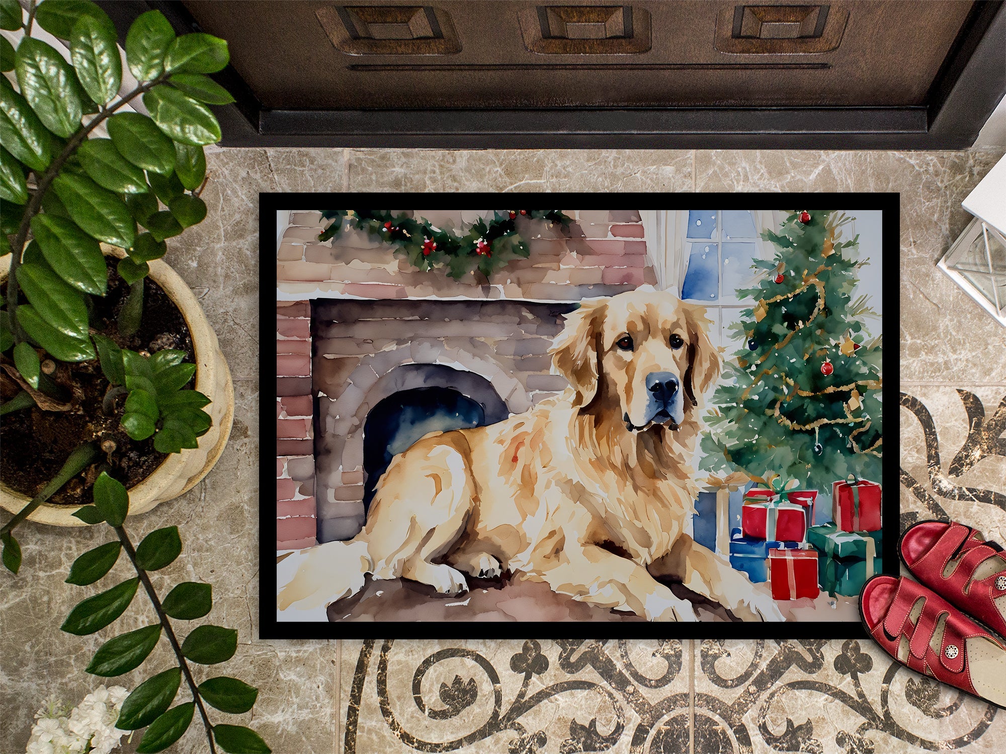 Golden Retriever Cozy Christmas Doormat Indoor Outdoor 18H X 27W Front Door Mat Rugs for Entryway, Non Slip Washable