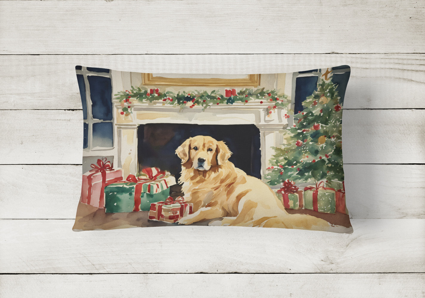 Golden Retriever Cozy Christmas Decorative Throw Pillow 12x16 Indoor Outdoor Accent Cushion, Fabric Cover with Insert for Sofa, Bed, Porch & Living Room