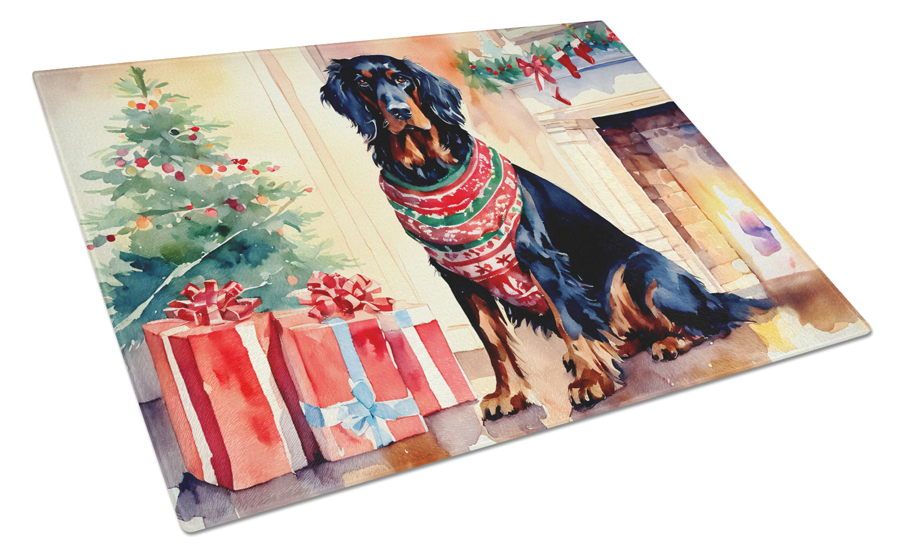 Gordon Setter Cozy Christmas Cutting Board Tempered Glass Kitchen Cutting Surface, Heat Resistant Chopping, Non-Slip Feet, Food Prep & Serving