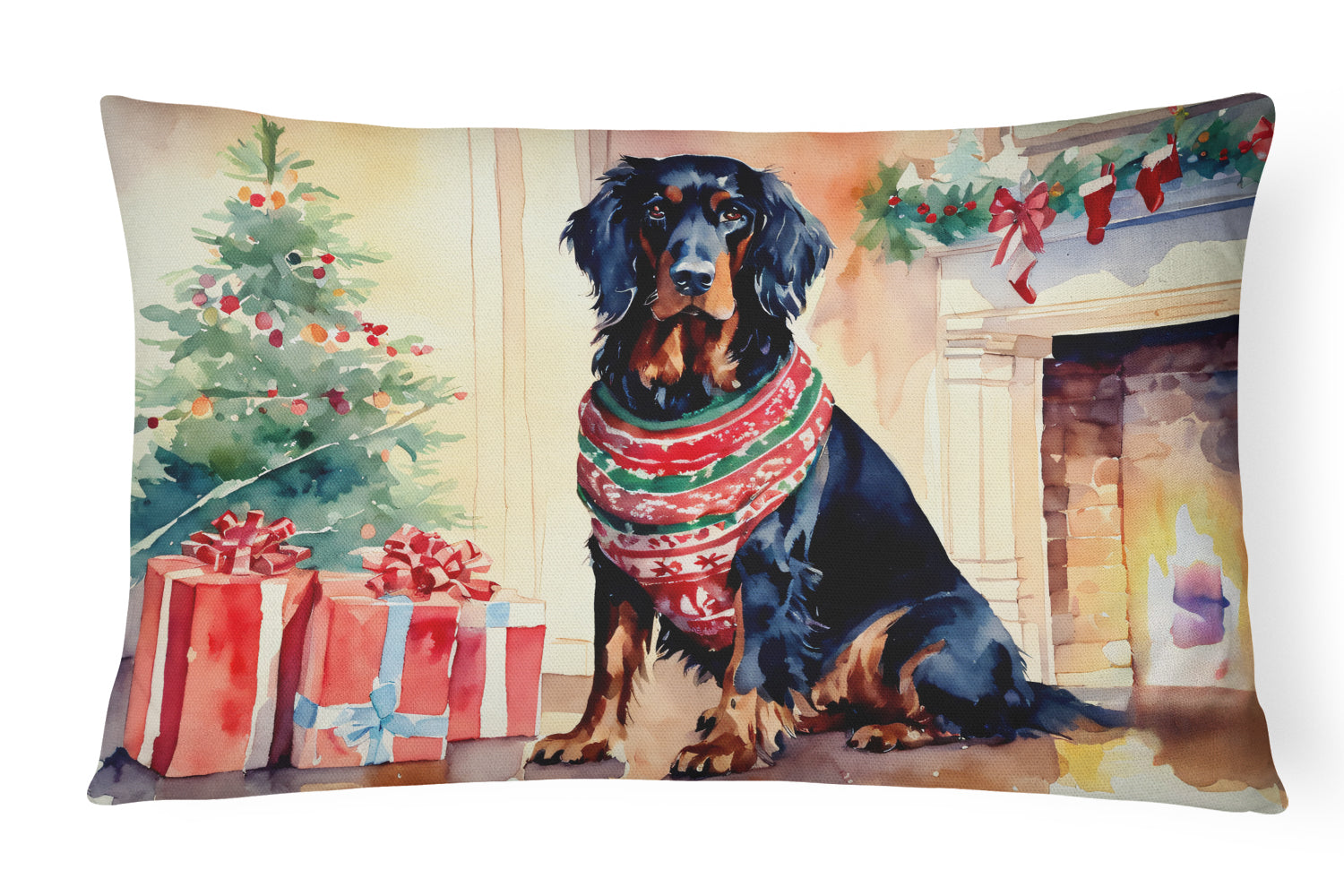 Gordon Setter Cozy Christmas Decorative Throw Pillow 12x16 Indoor Outdoor Accent Cushion, Fabric Cover with Insert for Sofa, Bed, Porch & Living Room