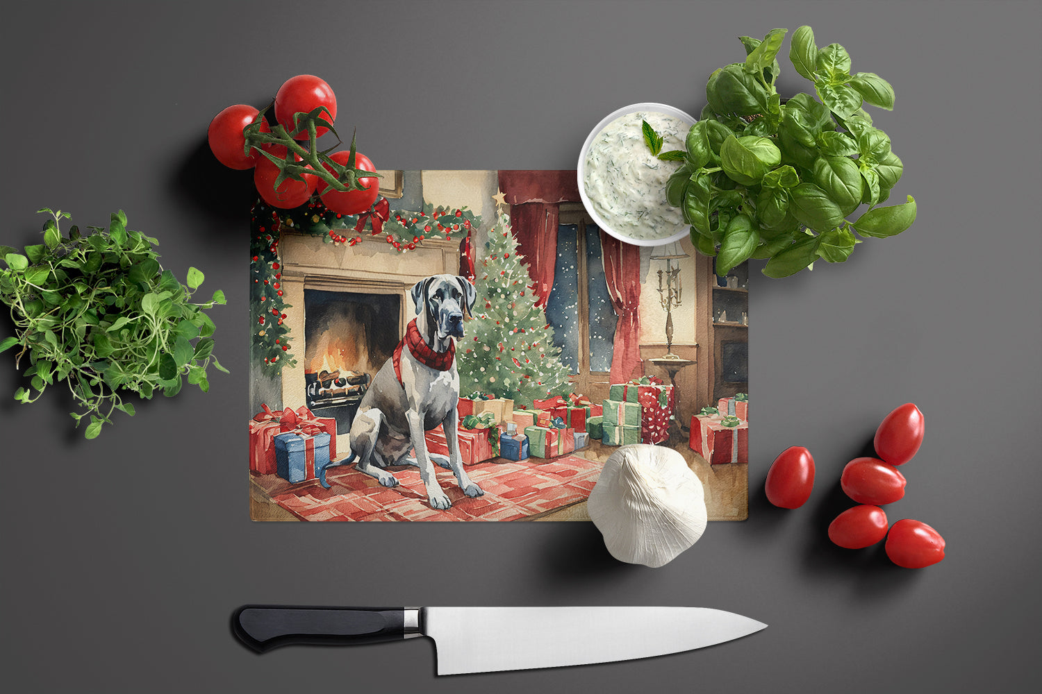 Great Dane Cozy Christmas Cutting Board Tempered Glass Kitchen Cutting Surface, Heat Resistant Chopping, Non-Slip Feet, Food Prep & Serving