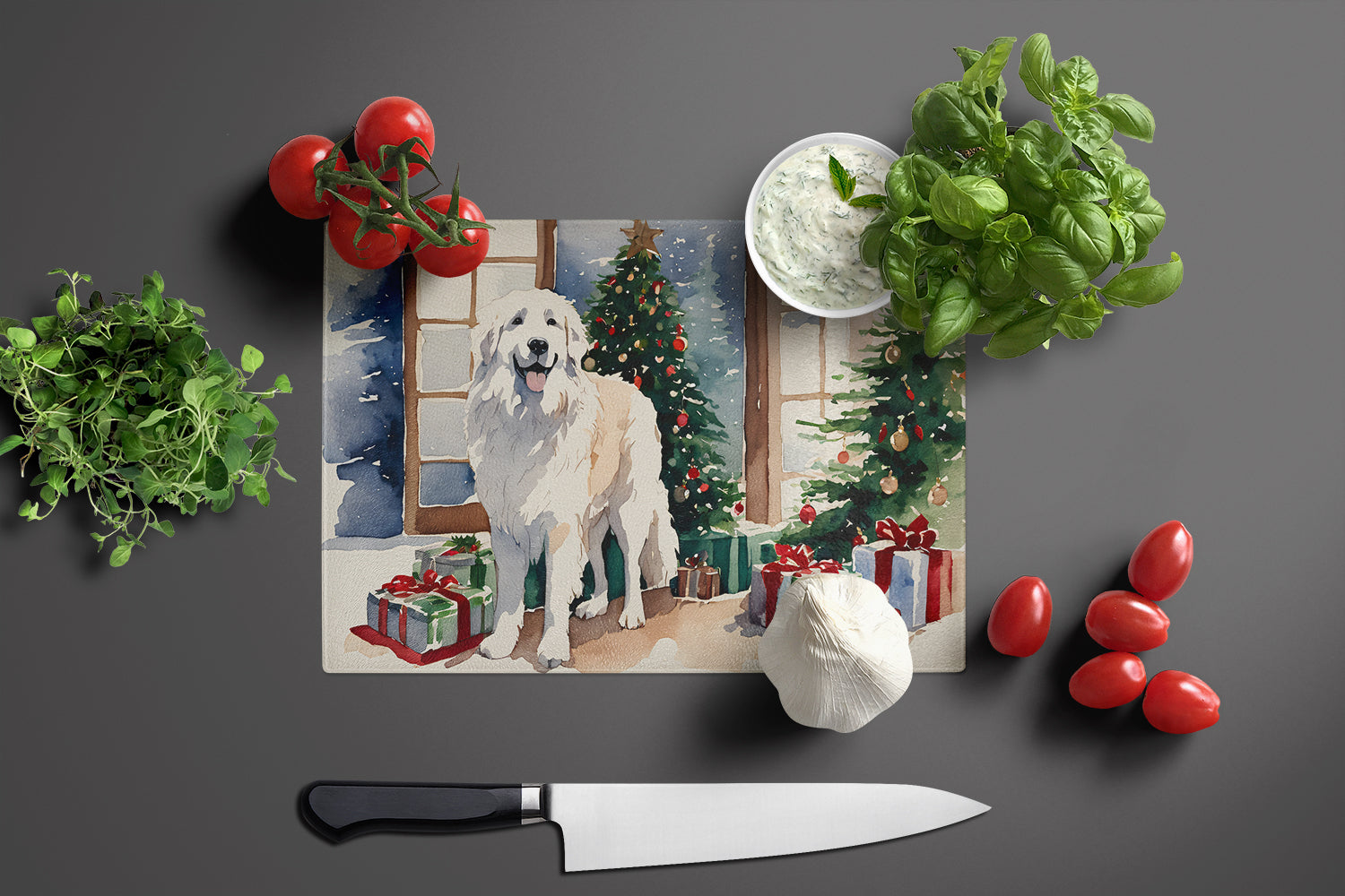 Great Pyrenees Cozy Christmas Cutting Board Tempered Glass Kitchen Cutting Surface, Heat Resistant Chopping, Non-Slip Feet, Food Prep & Serving
