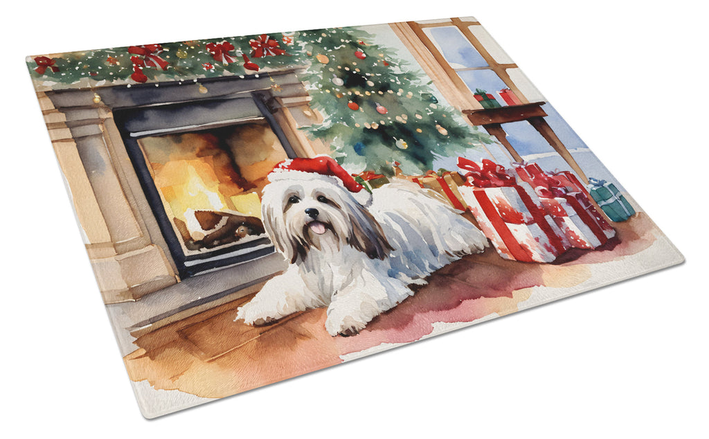 Havanese Cozy Christmas Cutting Board Tempered Glass Kitchen Cutting Surface, Heat Resistant Chopping, Non-Slip Feet, Food Prep & Serving
