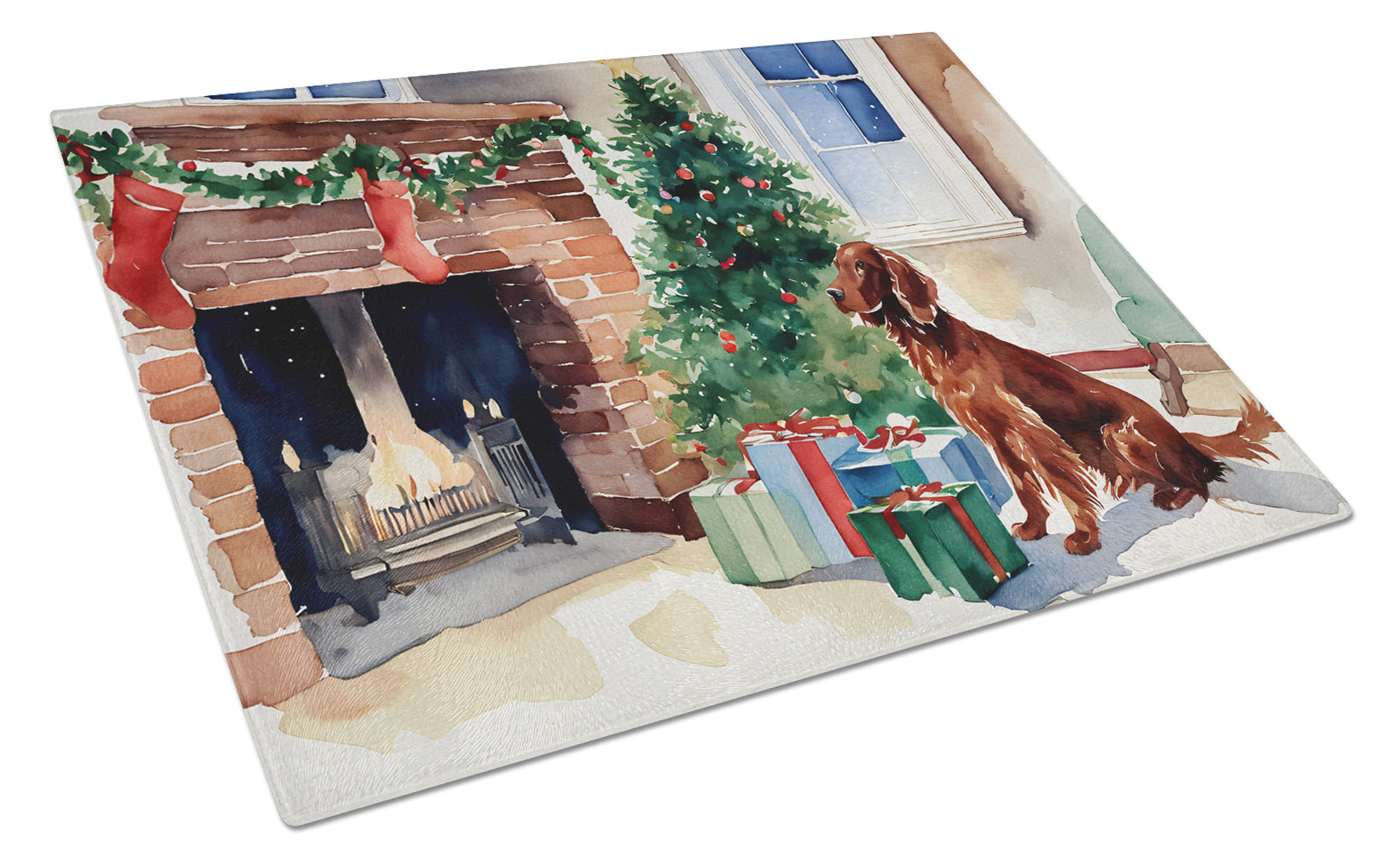 Irish Setter Cozy Christmas Cutting Board Tempered Glass Kitchen Cutting Surface, Heat Resistant Chopping, Non-Slip Feet, Food Prep & Serving