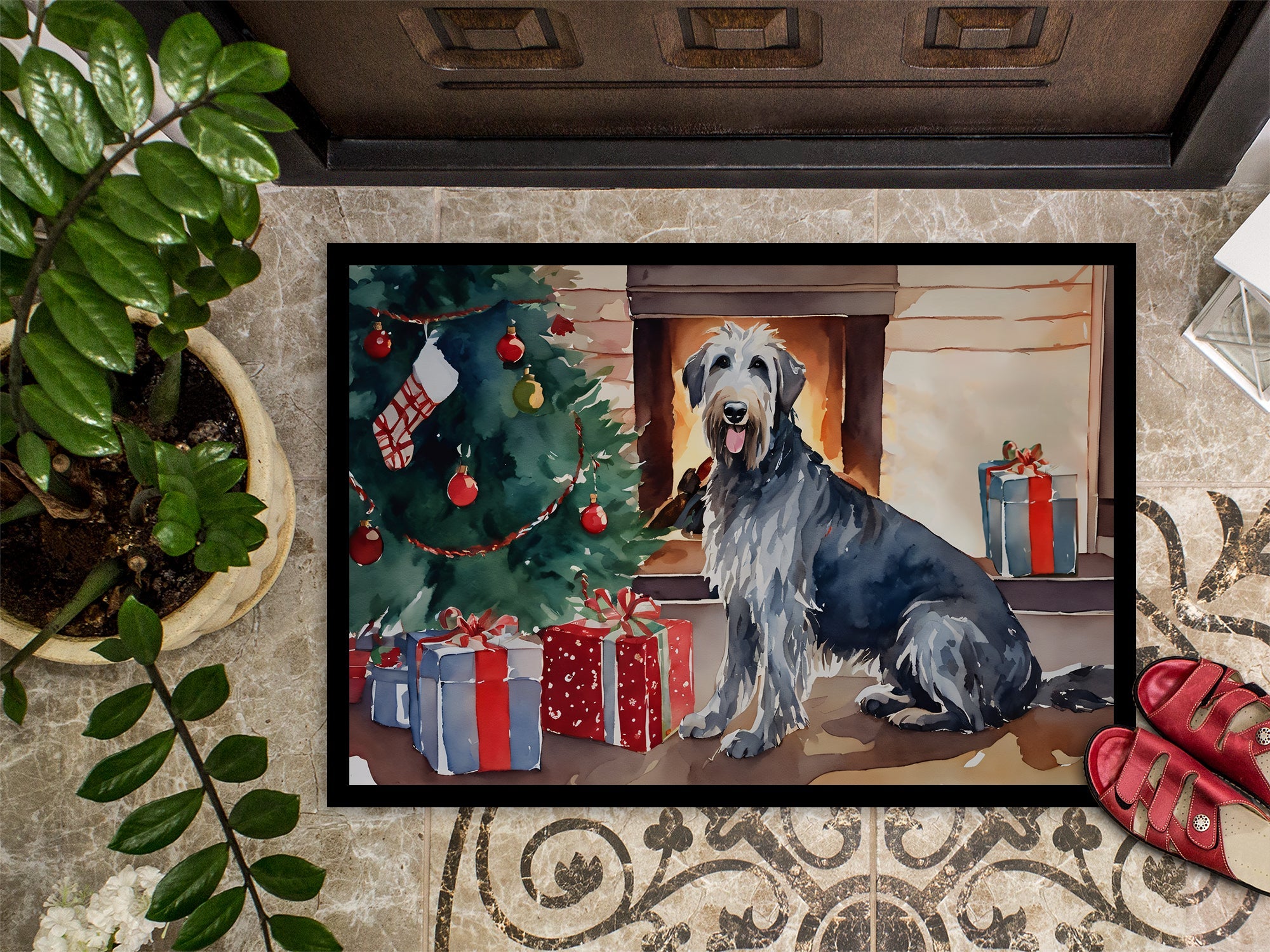 Irish Wolfhound Cozy Christmas Doormat Indoor Outdoor 18H X 27W Front Door Mat Rugs for Entryway, Non Slip Washable